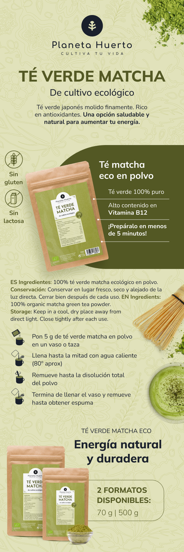 Pack 2x Té Matcha en polvo ECO Planeta Huerto 70 g