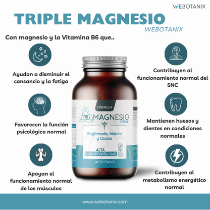 Triple Magnesio (Bisglicinato, malato y citrato) Vegan Fórmula, WeBotanix, 120 cápsulas