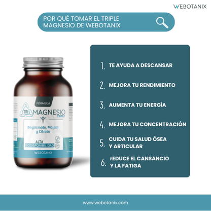 Triple Magnesio (Bisglicinato, malato y citrato) Vegan Fórmula, WeBotanix, 120 cápsulas